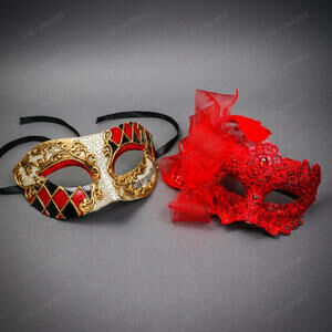 Venetian Harlequin Red Lace Masquerade Halloween Party Mask